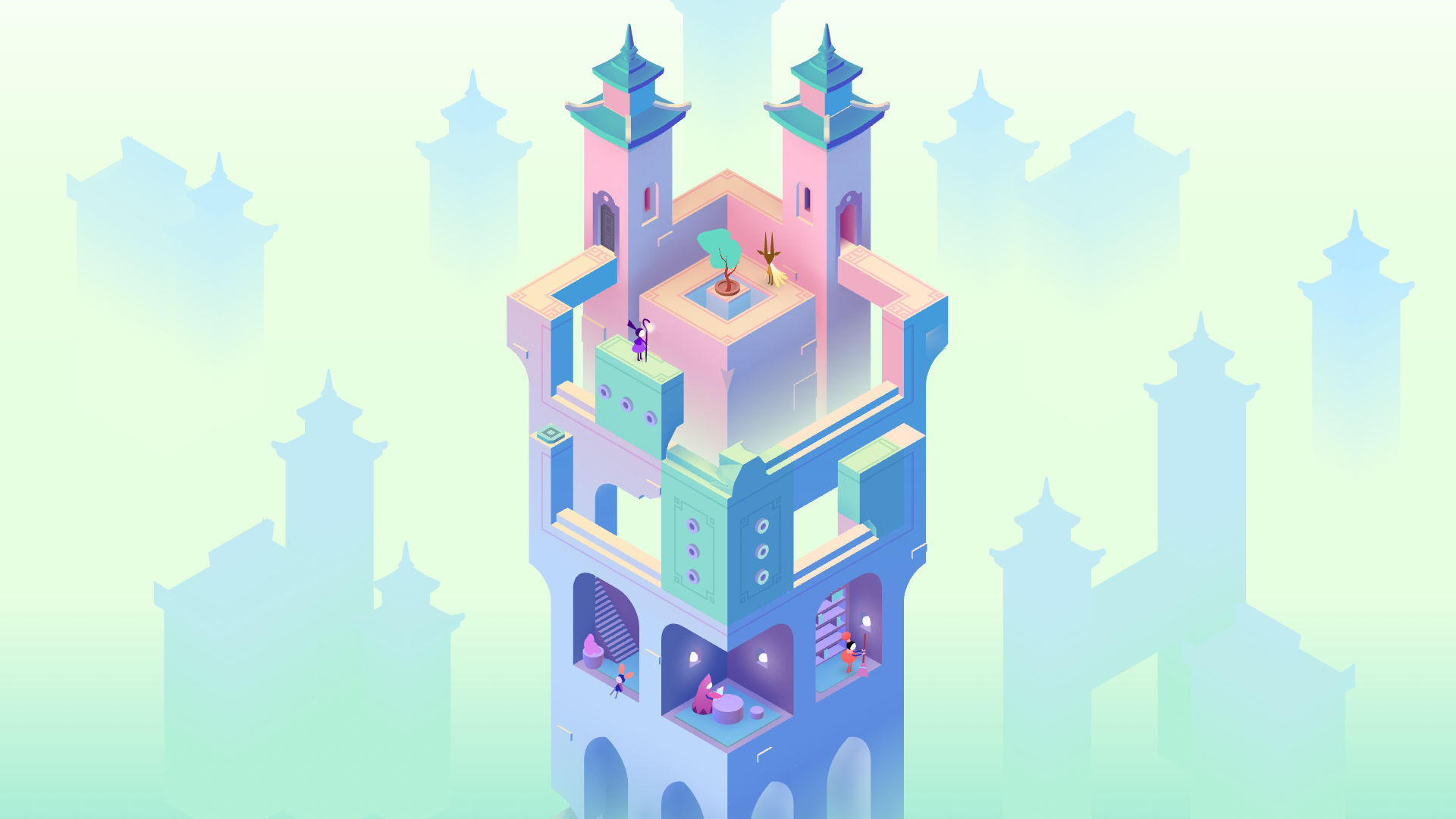 A tall, pastel‑coloured tower rises in a soft, misty landscape filled with faint silhouettes of similar structures. The tower features arched windows, balconies, and small rooms connected by ladders and stairways. Tiny characters stand or explore different levels. At the top, an open terrace holds a tree and a few plants, bathed in gentle, glowing light.