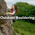 A woman bouldering in the countryside. Over the image are the words 'Outdoor Bouldering'.