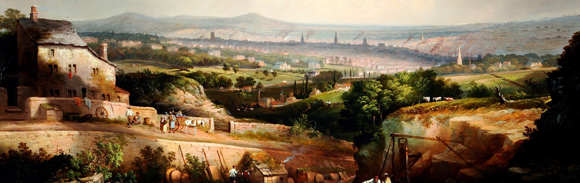A 19th-century landscape painting showing a quarry scene in the foreground with workers and equipment, including wooden beams and ropes. To the left, a stone building stands near a dirt track where people and horses are visible. Beyond, rolling green fields lead to a distant industrial town with numerous church spires and chimneys under a bright sky with scattered clouds.