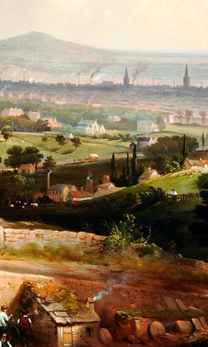 A 19th-century landscape painting showing a quarry scene in the foreground with workers and equipment, including wooden beams and ropes. To the left, a stone building stands near a dirt track where people and horses are visible. Beyond, rolling green fields lead to a distant industrial town with numerous church spires and chimneys under a bright sky with scattered clouds.