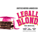 Poster for Legally Blonde the Musical, that has a stack of leather bound books with a pink mortar board on top. A small dog peeks around the books.