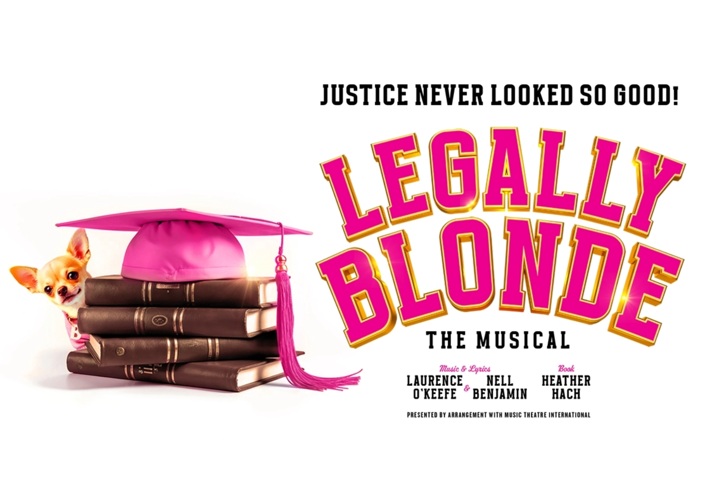 Poster for Legally Blonde the Musical, that has a stack of leather bound books with a pink mortar board on top. A small dog peeks around the books.