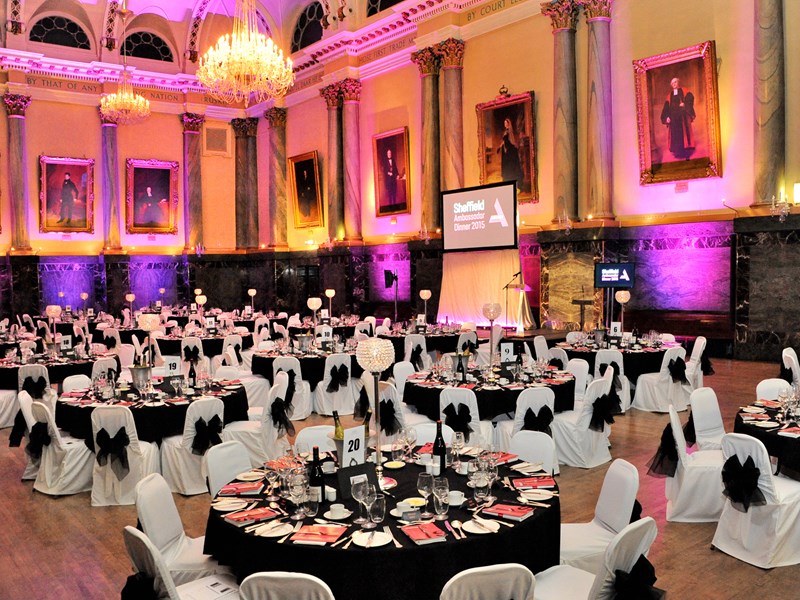The Cutlers' Hall set up for a dinner.