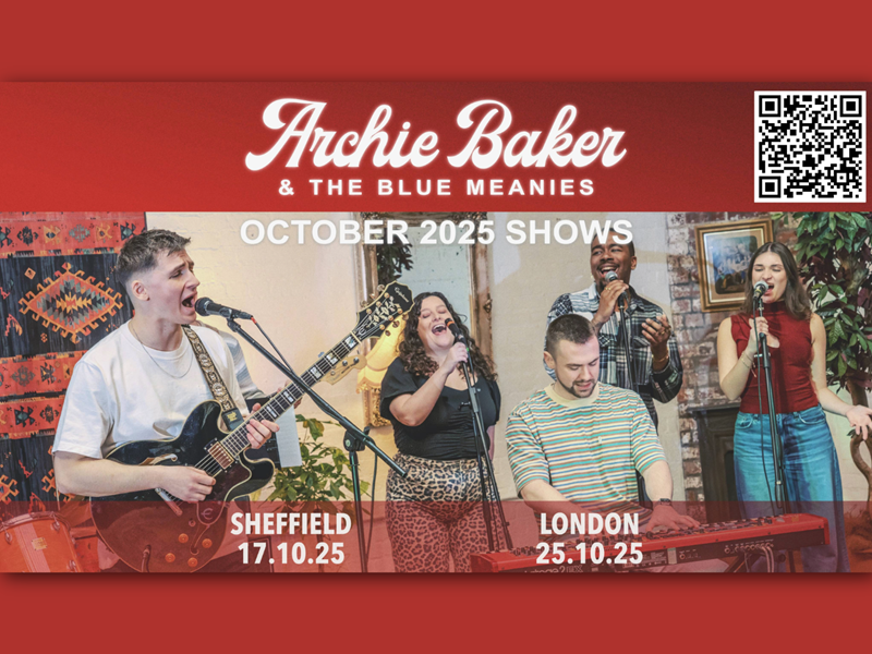 Poster for Archie Baker & The Blue Meanies @ Guitar Shack, Sheffield with a picture of the band performing live.