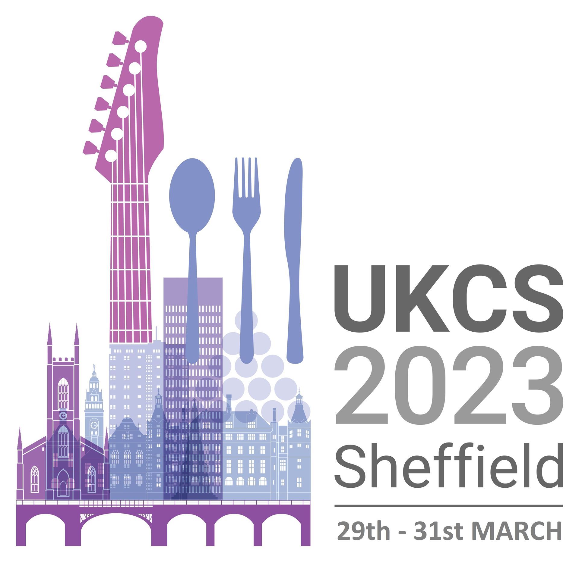 Graphic design for UKCS 2023 Sheffield event, featuring a stylized city skyline with iconic buildings, a guitar neck, and cutlery silhouettes. Text reads ‘UKCS 2023 Sheffield, 29th – 31st March’.