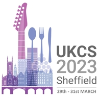 Graphic design for UKCS 2023 Sheffield event, featuring a stylized city skyline with iconic buildings, a guitar neck, and cutlery silhouettes. Text reads ‘UKCS 2023 Sheffield, 29th – 31st March’.