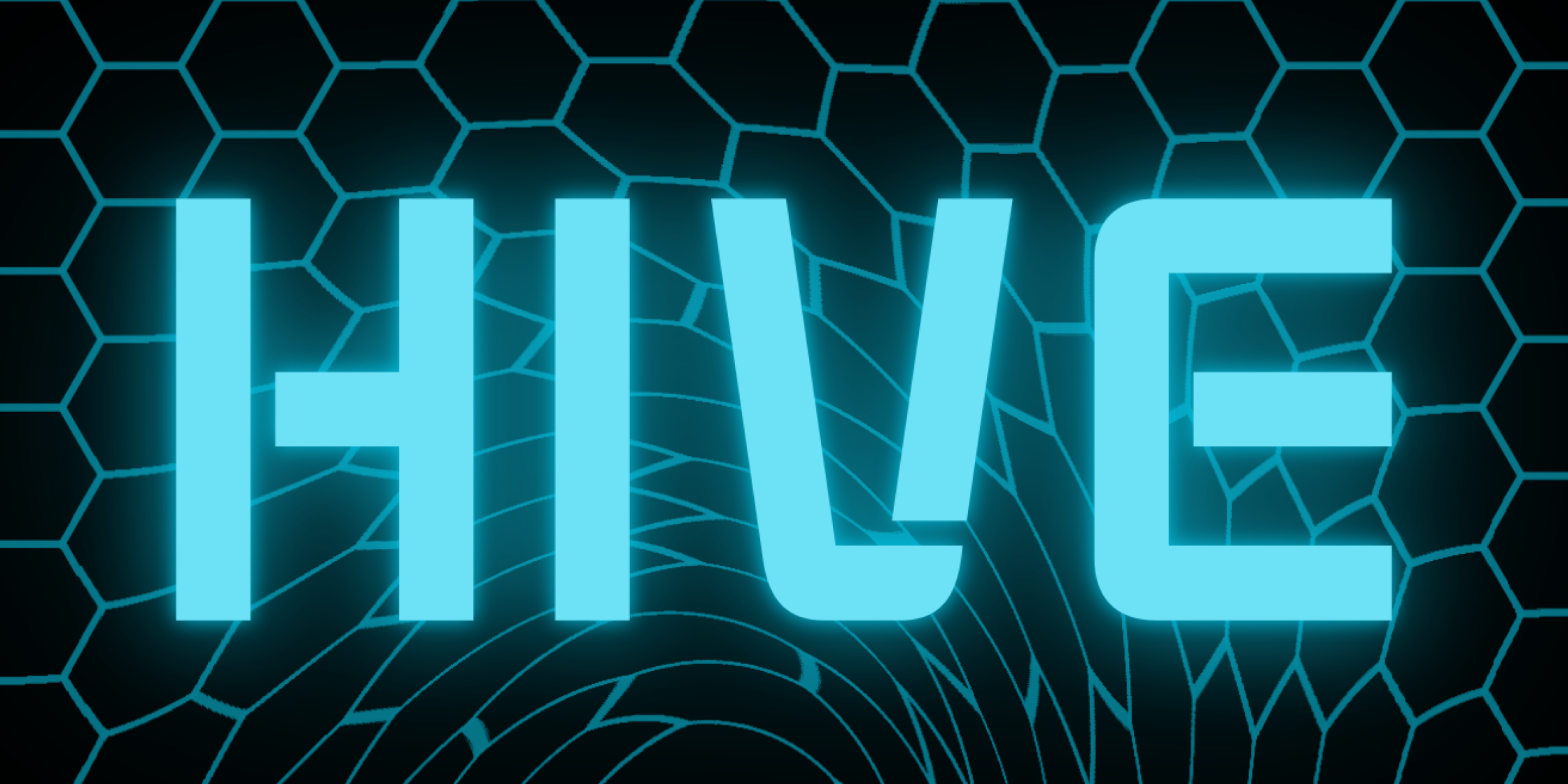 Glowing turquoise word ‘HIVE’ in bold, futuristic lettering set against a dark background of hexagonal grid lines, resembling a digital honeycomb. Subtle circular wave patterns radiate outward behind the text, creating a tech‑themed, neon effect