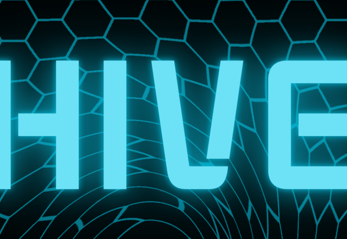 Glowing turquoise word ‘HIVE’ in bold, futuristic lettering set against a dark background of hexagonal grid lines, resembling a digital honeycomb. Subtle circular wave patterns radiate outward behind the text, creating a tech‑themed, neon effect