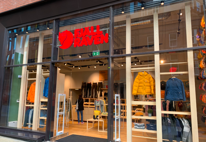 The entrance and window displays at the Fjallraven store in Sheffield.