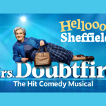 Promo poster for the event with the character Mrs Doubtfire lying across a three D version of the words 'Mrs Doubtfire'.