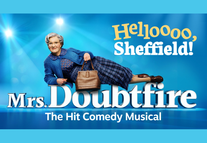 Promo poster for the event with the character Mrs Doubtfire lying across a three D version of the words 'Mrs Doubtfire'.