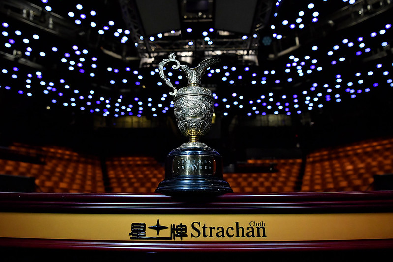 The World Seniors Championship Trophy on display in the Crucible auditorium with its twinkly ceiling light above 