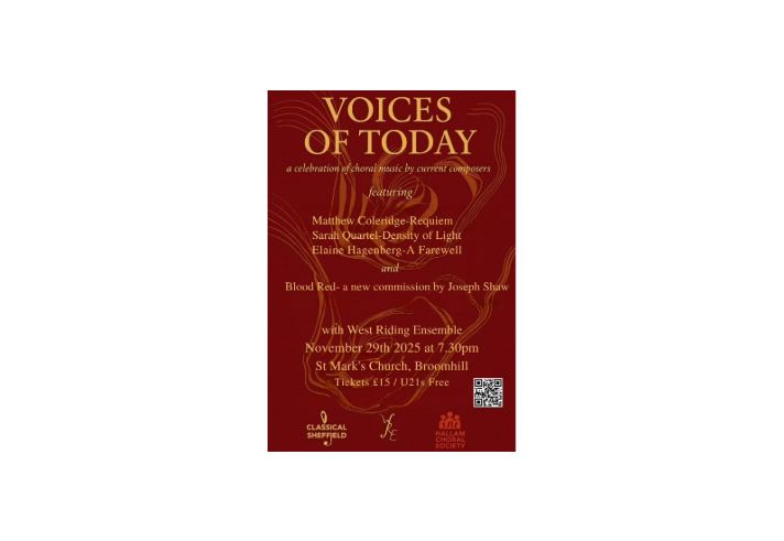 Poster for the event Voices of Today, listing all the details of the event.