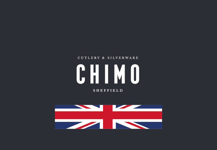 Logo on a dark gray background with white text reading 'Cutlery & Silverware CHIMO Sheffield' in uppercase letters. Below the text is a horizontal Union Jack flag in red, white, and blue.