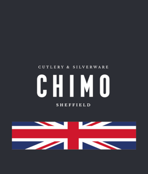 Logo on a dark gray background with white text reading 'Cutlery & Silverware CHIMO Sheffield' in uppercase letters. Below the text is a horizontal Union Jack flag in red, white, and blue.
