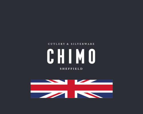 Logo on a dark gray background with white text reading 'Cutlery & Silverware CHIMO Sheffield' in uppercase letters. Below the text is a horizontal Union Jack flag in red, white, and blue.