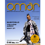 Promotional poster for Omar’s “Brighter the Days” UK Tour. Bold yellow text at the top reads “Omar” with smaller text underneath stating “Brighter the Days UK Tour + Special Guests”. Event details: Sheffield, Yellow Arch, May 31. Quote on the right says “I am healed all over when he sings” – Erykah Badu. Image shows Omar wearing a flowing patterned coat and scarf against a clear blue sky. A yellow circle highlights the latest album “Brighter the Days” out now on Freestyle Collective and BBC Music.