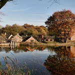 A view of Abbeydale Hamlet across a pond.