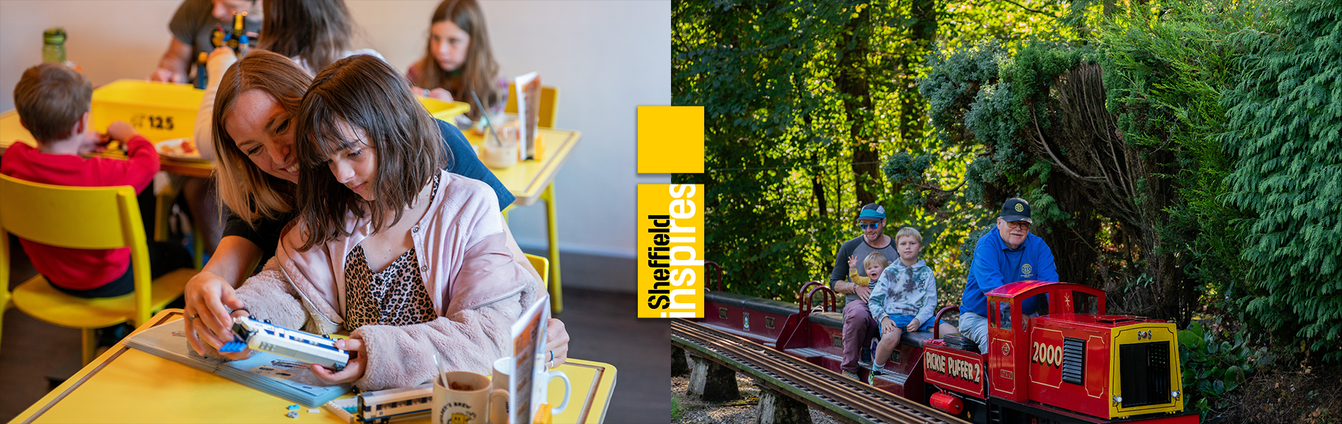 A web banner with two contrasting images side by side, with one showing a family playing with Lego in a cafe and the second image showing a family riding on a miniature railway 