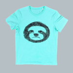 A turquoise t-shirt with a print of a badger's face.