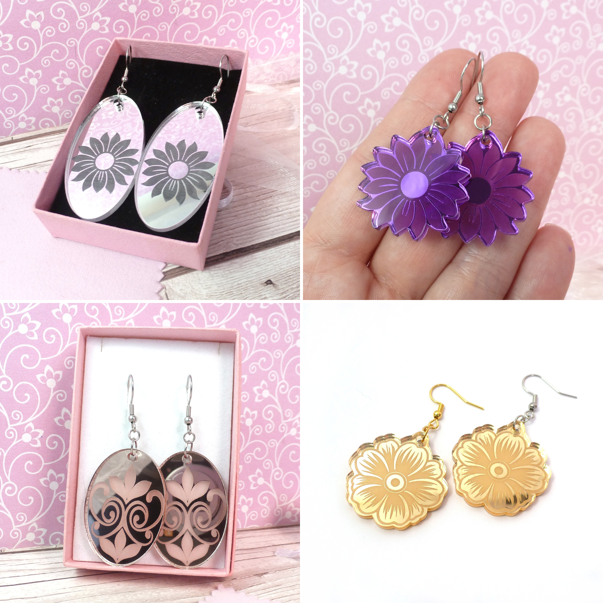 Four pairs of handmade floral earrings in different styles: mirrored silver with black flower design, purple acrylic flowers, gold metallic flowers, and silver scroll-patterned ovals, shown in gift boxes and close-up views.