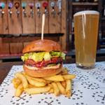 A burger and a pint of beer.