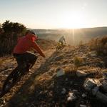 Two people riding mountain bikes at Fox Valley.