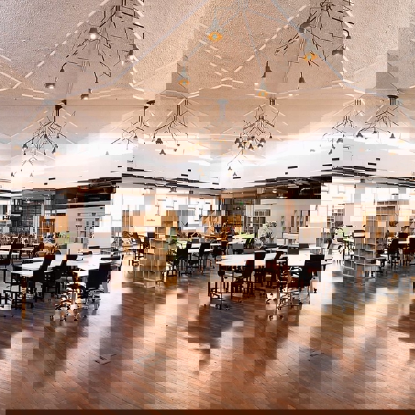 A spacious, modern office with an open floor plan, high ceilings featuring geometric patterns, and hanging light fixtures. Tables and chairs are arranged in clusters for collaborative work. The polished wooden floor and large windows provide a bright, welcoming atmosphere. Bookshelves and potted plants are placed throughout, enhancing both aesthetics and accessibility.