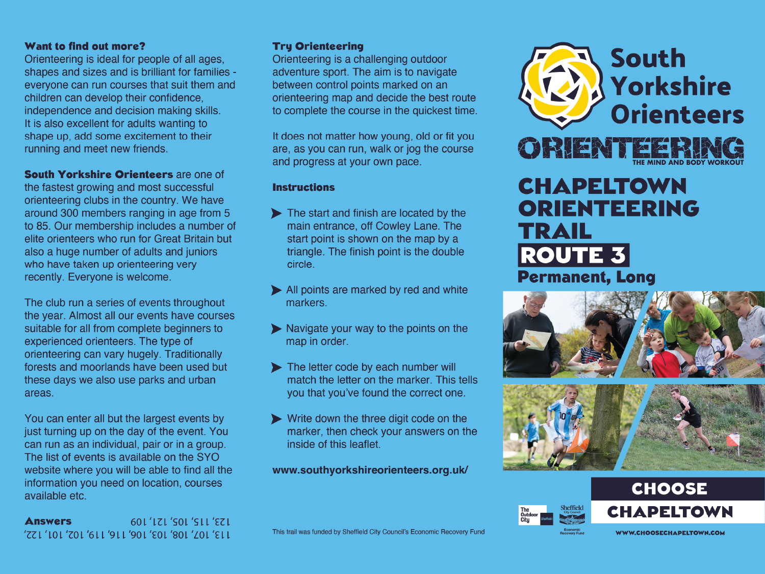 Informational leaflet for South Yorkshire Orienteers promoting Chapeltown Orienteering Trail Route 3. The design has a blue background with black and white text, details about orienteering benefits, and step-by-step instructions for navigating the course. Includes the South Yorkshire Orienteers logo, website link, and photos of participants outdoors reading maps and running.