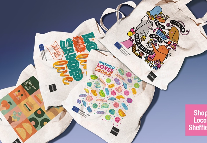 The four Shop Local Bag designs laid out against a blue background.