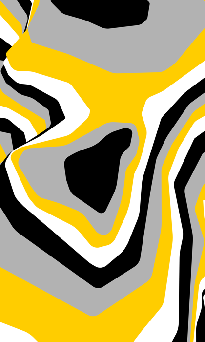 Abstract artwork featuring bold, wavy stripes in yellow, black, white, and gray. The shapes form irregular, layered patterns that create a sense of movement and distortion across the image.