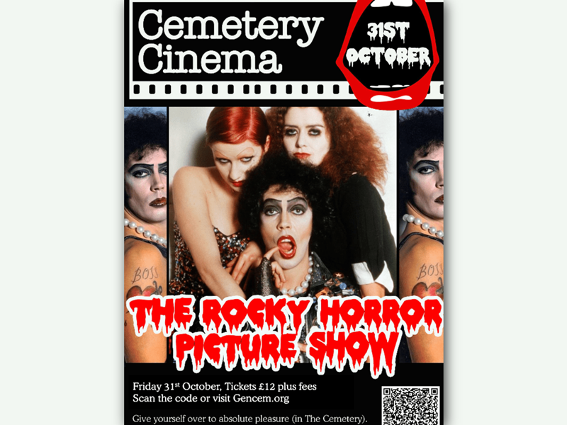 Poster for the event, listing the details, with a photo of three of the cast from the film.