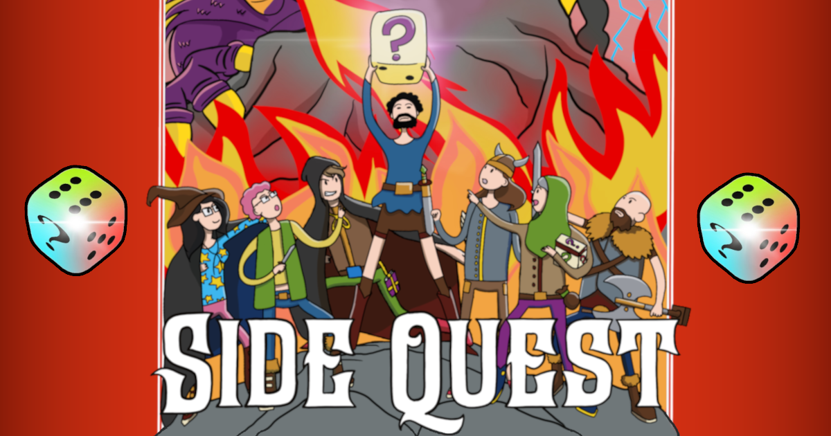 A cartoon illustration of seven fantasy characters, one of whom is holding up a sign with a big question mark on it. Either side of the image are illustrations of 6-sided dice.