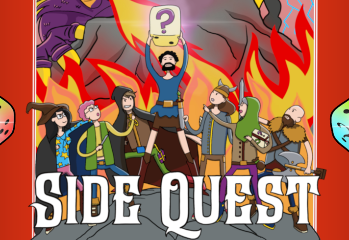 A cartoon illustration of seven fantasy characters, one of whom is holding up a sign with a big question mark on it. Either side of the image are illustrations of 6-sided dice.