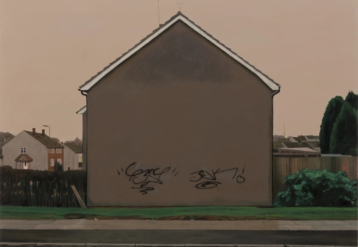 A painting of a house in a suburban setting.