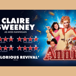 Poster for the event with Claire Sweeney, as Miss Hannigan, surrounded by children and a dog.