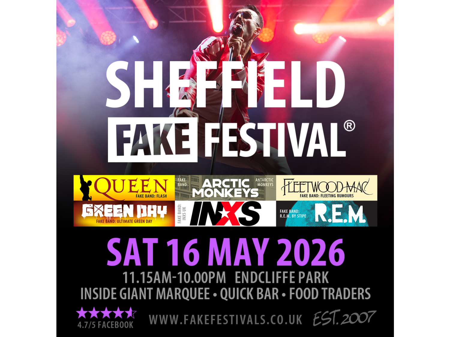 Promotional poster for Sheffield Fake Festival featuring a performer on stage under bright pink and purple lights. The text announces the event on Saturday, 16 May 2026 at Endcliffe Park, running from 11:15 AM to 10:00 PM. It lists tribute bands for Queen, Arctic Monkeys, Fleetwood Mac, Green Day, INXS, and R.E.M., with details about a giant marquee, quick bar, food traders, and the website www.fakefestivals.co.uk.