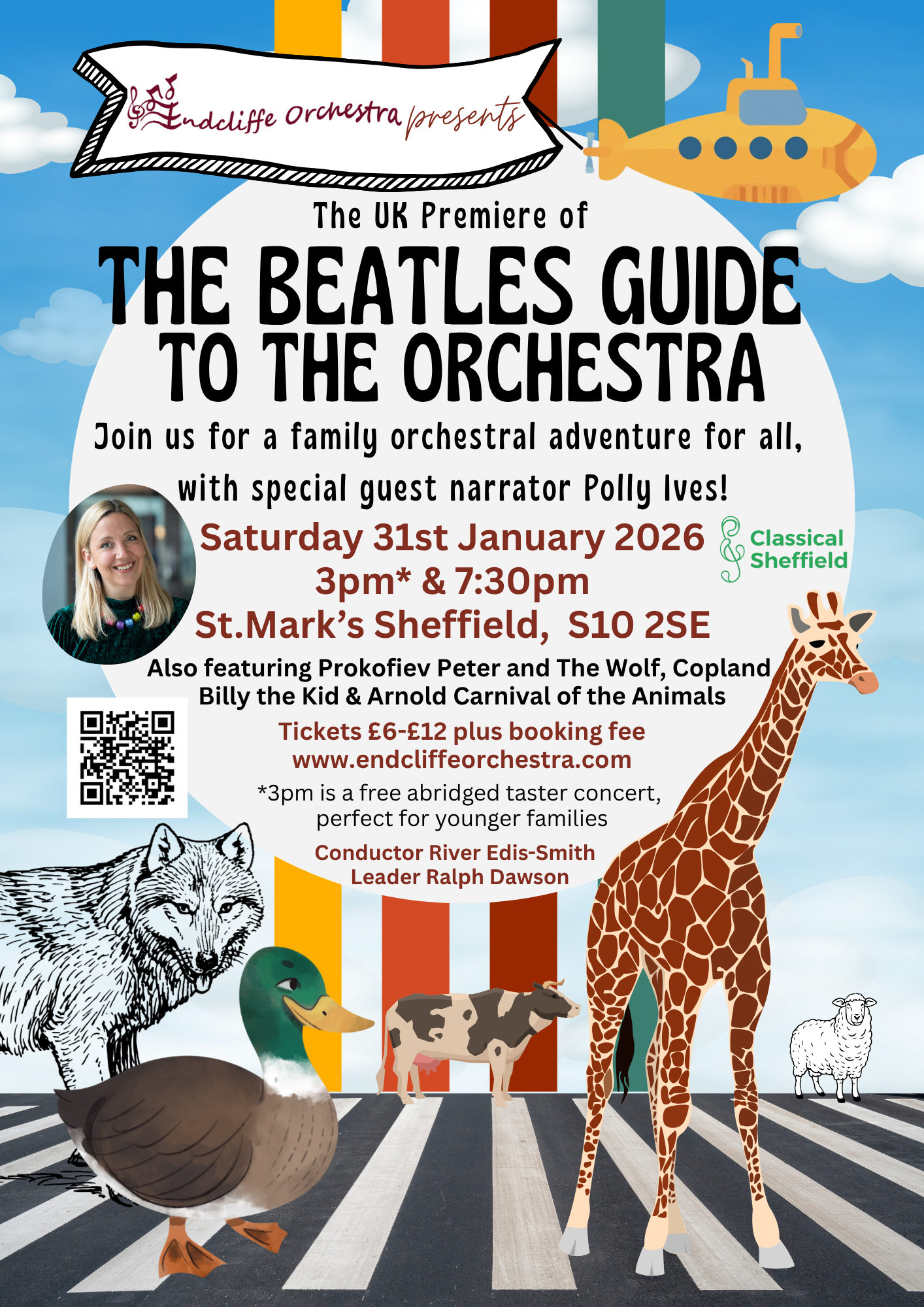 Poster for the events listing all the details along side illustrations of animals and the Beatles yellow submarine.