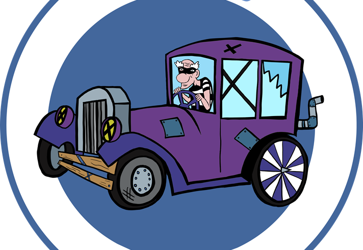 Cartoon-style logo featuring a whimsical purple car with cracked windows, oversized wheels, and a character in goggles and a striped outfit inside. The circular border reads 'KRAZY RACES' in blue text.
