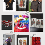 Collage showcasing Hayzie Printing Designs products and services, including a black T-shirt with an illustrated couple, a printed greeting card with two women, custom mugs with bold text, personalized notebooks, red joggers with printed names, and a colorful logo reading 'Hayzie Printing Designs.' The layout also features examples of custom apparel and gift items