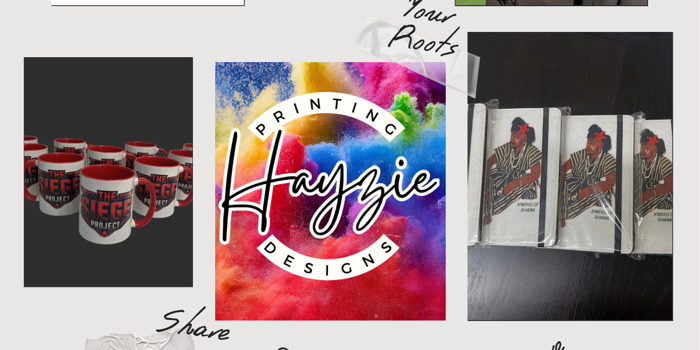 Collage showcasing Hayzie Printing Designs products and services, including a black T-shirt with an illustrated couple, a printed greeting card with two women, custom mugs with bold text, personalized notebooks, red joggers with printed names, and a colorful logo reading 'Hayzie Printing Designs.' The layout also features examples of custom apparel and gift items