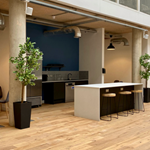 An interior shot of Cubo showing a kitchen area with free-standing worktop with three high stools.