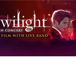 Promotional poster for Twilight in Concert. The design features the title “twilight” in large white letters with “In Concert” below and the tagline “The Film with Live Band” in gold text. The background shows a dramatic scene with silhouettes of musicians and instruments against a deep red and purple gradient, with glowing lights creating a concert atmosphere.