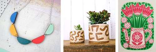 Images (L-R): Red Paper House, Scallop Bunting Wooden Necklace © Amy Hall; Rainbow Wares by Hannah Weber, Small and Medium Oat Succulent Planters © Hannah Weber; Karoline Rerrie, Tulips screen print © Karoline Rerrie