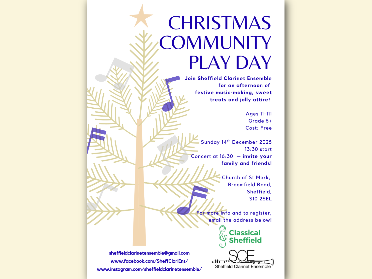 Poster for “Christmas Community Play Day” hosted by Sheffield Clarinet Ensemble. Event includes festive music-making, sweet treats, and jolly attire. For ages 11–111, Grade 5+, free of charge. Date: Sunday 14th December 2025, starting at 13:30, with a concert at 16:30 (invite family and friends). Venue: Church of St Mark, Broomfield Road, Sheffield, S10 2SEL. Contact details and social media links for registration are provided at the bottom.
