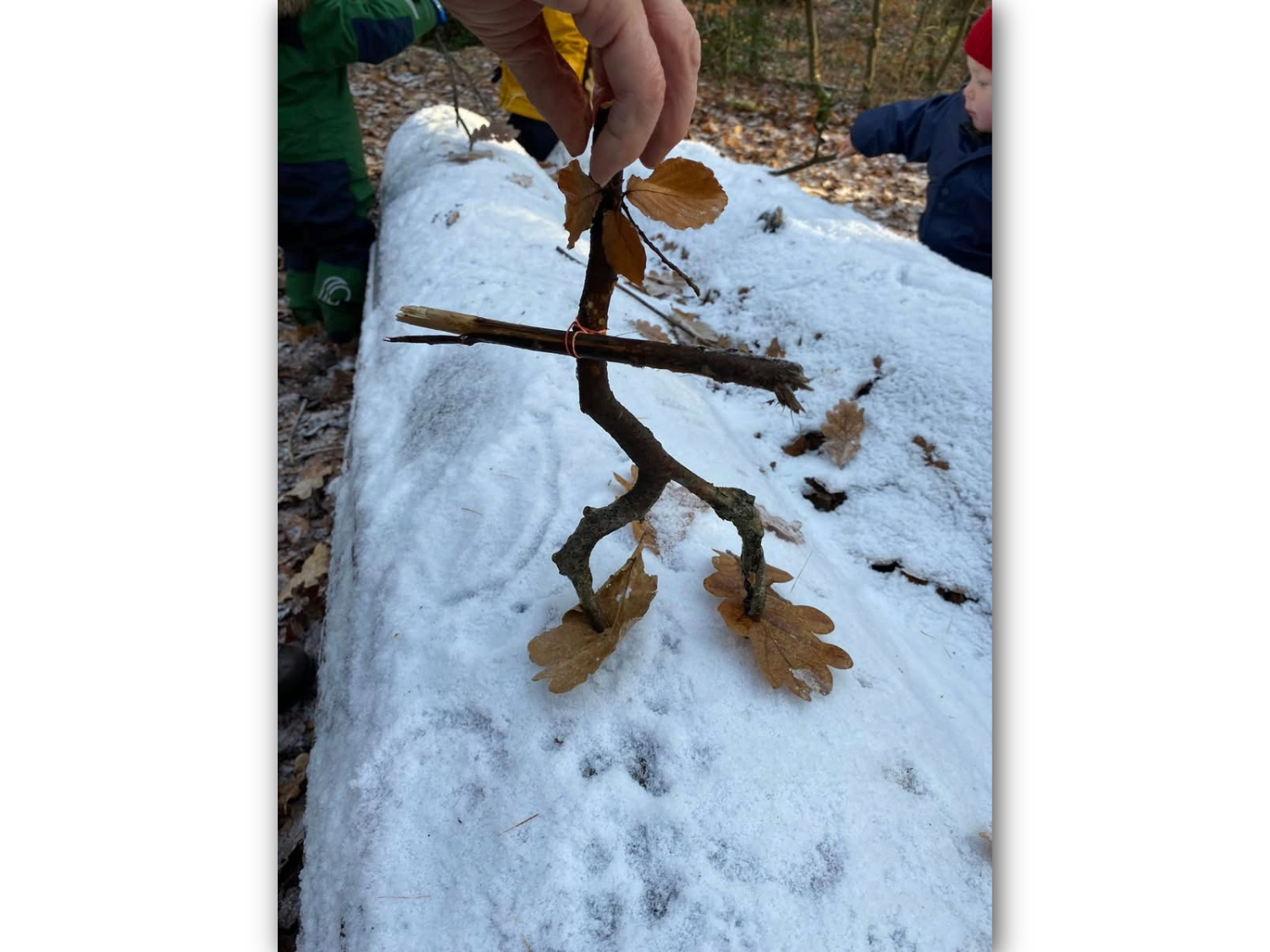 A hand holds up a small figure made from twigs and dried leaves, shaped to resemble a person, standing on snow. The figure has leaf “feet” and “hands”, with a stick for arms and a bent twig for legs. Children in winter clothing are visible in the background, playing in a snowy woodland setting.