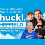 Promo image for the event, listing the details along side an image of a three performers and three puppets.