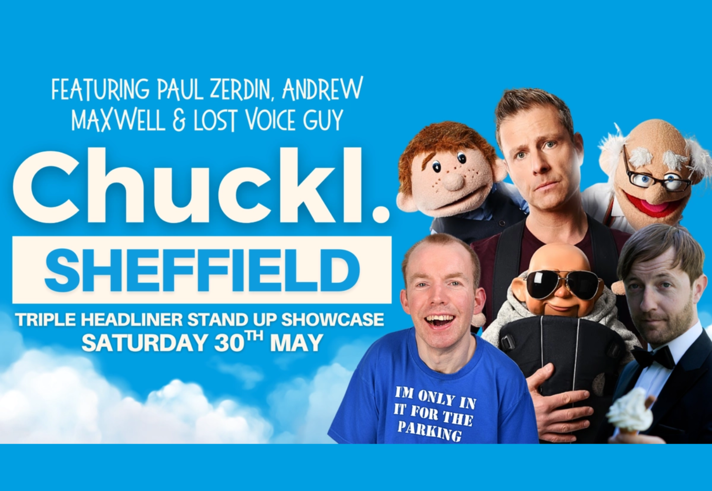 Promo image for the event, listing the details along side an image of a three performers and three puppets.