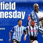 A promotional graphic featuring Sheffield Wednesday football legends. The design includes bold white and blue text reading “Sheffield Wednesday Legends” on the left, with names listed below: Roland Nilsson, Des Walker, Mark Bright, Liam Palmer, and Darren Moore. On the right, several players in blue-and-white striped kits are shown in action poses, alongside a large trophy. The background features a stadium scene with team branding.