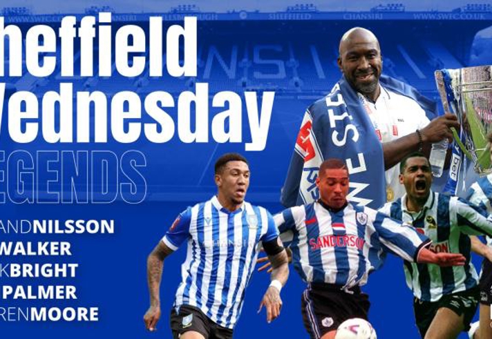 A promotional graphic featuring Sheffield Wednesday football legends. The design includes bold white and blue text reading “Sheffield Wednesday Legends” on the left, with names listed below: Roland Nilsson, Des Walker, Mark Bright, Liam Palmer, and Darren Moore. On the right, several players in blue-and-white striped kits are shown in action poses, alongside a large trophy. The background features a stadium scene with team branding.